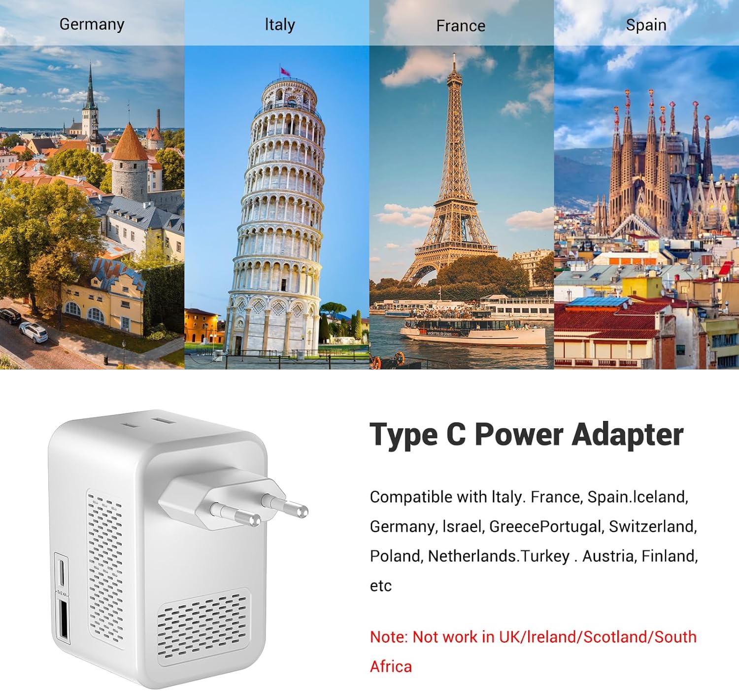 SARQW 220V to 110V Voltage Conversion Plug Adapter for Traveling from USA to Europe with 2 USB and 2 USBC Ports PD 20 W, 2 AC Outlets International Power Adapter - Image 4