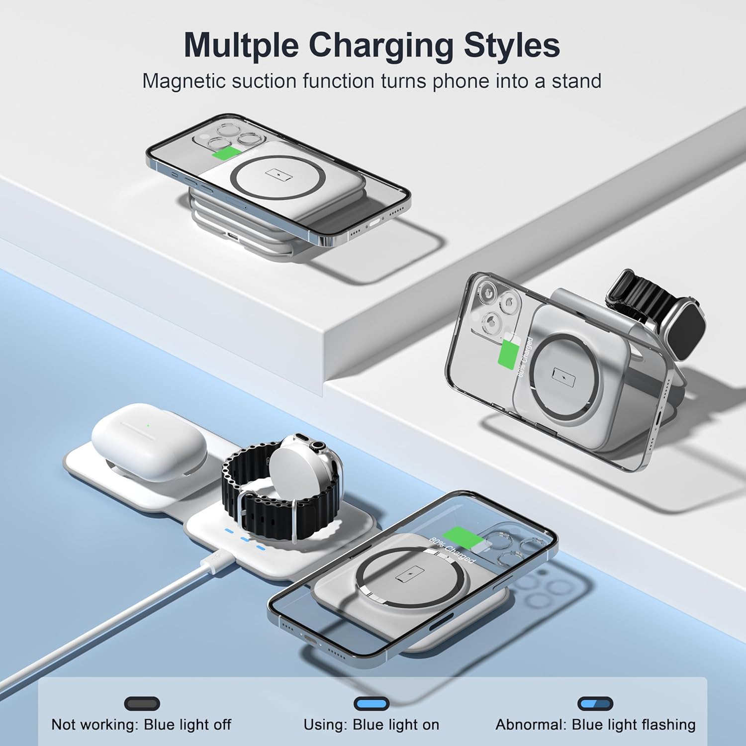 UCOMX 3 in 1 Charging Station for Multple Devices,Foldable 3 in 1 Wireless Charger for Travel,NANO Wireless Charging Station for iPhone17 16 15 14 13 12 Pro Max/Watch 10 9 8 7 6 5 4 3 Ultra/AirPod Pro - Image 3