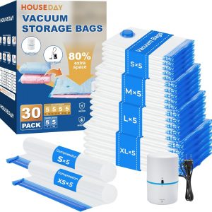 HOUSE DAY 30 Pack Vacuum Storage Bags with Electric Pump, 4 Sizes + 2 Roll-Up (5 Each), Space Saver Vacuum Seal Bags for Clothing, Bedding, Pillows, Travel – Airtight Seal, Reusable & Durable