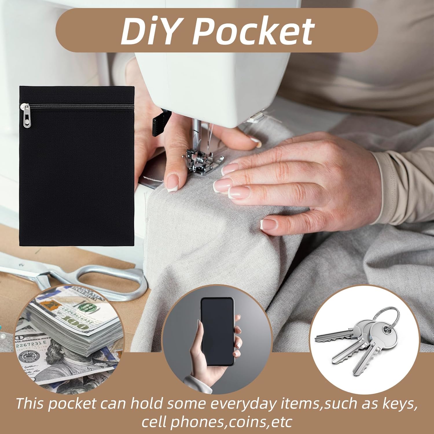 Sew-in Side Hidden Pocket with Zipper, Inside Security Pocket for Clothing Coat Inside PocketsTravel Wallet Pouch for Jackets Coats Sweatshirts - Image 5