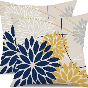 Outdoor Pillow Covers 18×18 Inch Set of 2 Navy Blue Yellow Outdoor Waterproof Decorative Throw Pillows Summer Spring Decor for Home Patio Funiture Garden Living Room Polyester Cushion Covers 01G18