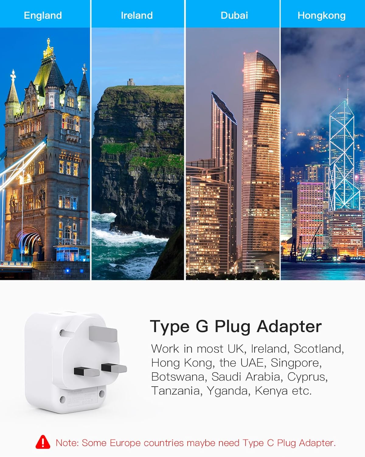UK Travel Plug Adapter, HANYCONY US to UK Type G Ireland Travel Adapter 2 Outlets 3 USB Ports(2 USB C), UK Power Adaptor for USA to Dubai England London Scotland British Kenya Irish Hongkong, 2 Pack - Image 6