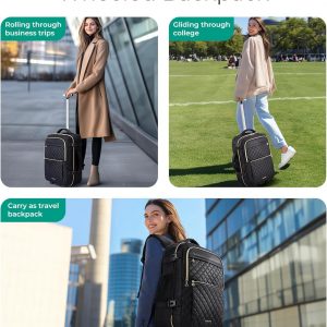 BAGSMART Rolling Backpack for Women, Wheeled Backpack with Packing Cube, Travel Back pack with Wheels, Carry On Suitcase Bag 17 Inch Large Roller Daypack, Champagne