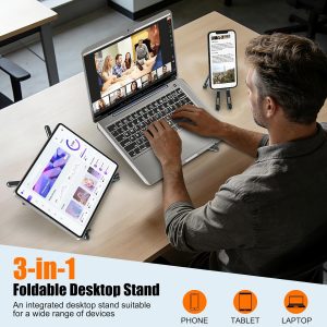 Portable Laptop Stand Travel, 3-in-1 Desk Tablet Mount Computer Holder Magnetic Phone Holder Tripod, for 10–15.6″ Laptops and 4–13″ Tablets/Phones, Compact Foldable Metal, 8-Level Height Adjustment