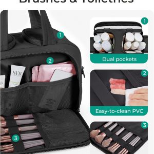 BAGSMART Travel Toiletry Bag, Lightweight Large Wide-open Travel Bag for Women, Puffy Cosmetic Makeup Bag Organizer with Handle for Accessories,Essentials, Toiletries, Black