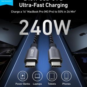 Anker Prime USB C to USB C Cable, 240W Fast Charging Cord, Upcycled-Braided Nylon with 100-Year Bend Durability for iPhone 17 Series, MacBook, Galaxy S24(6 FT)