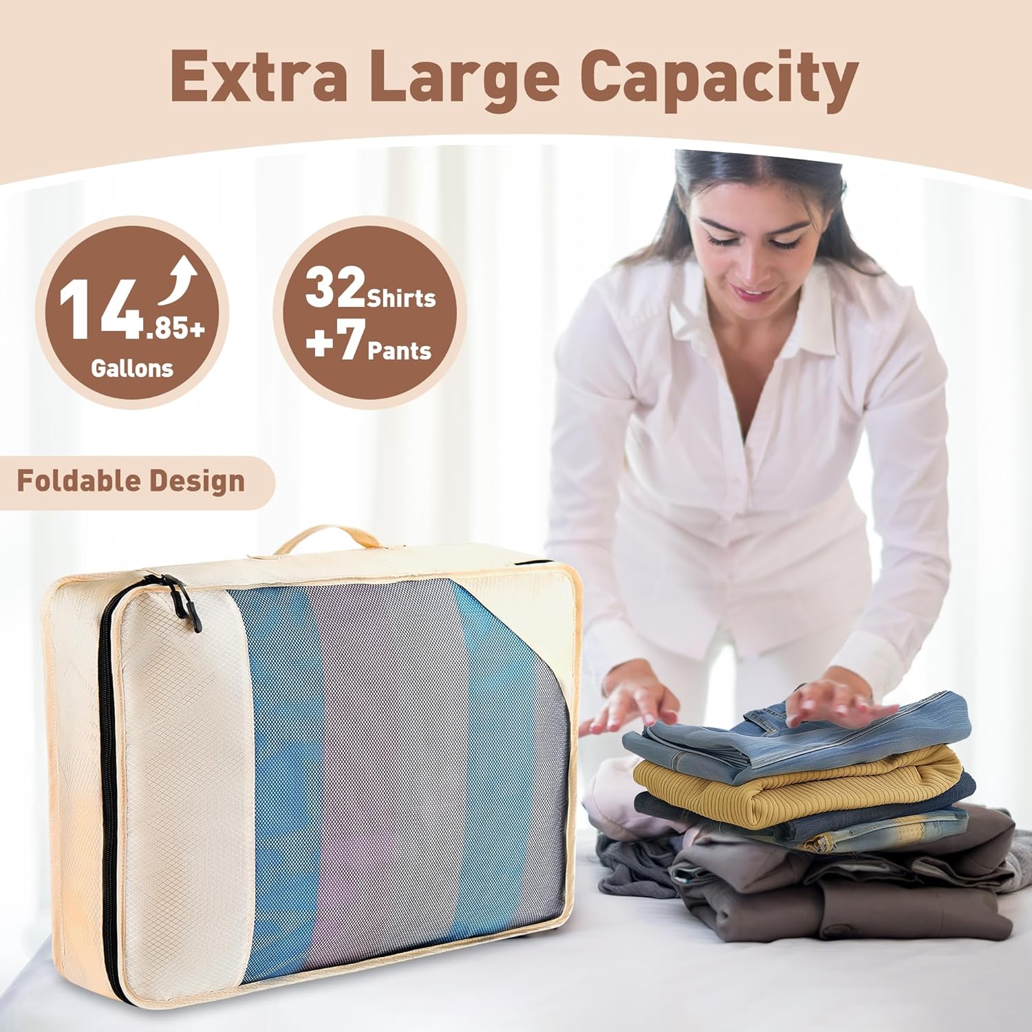8-Piece Packing Cubes for Travel, Mesh Luggage Organizers with Shoe Bag, Toiletry Bag, Laundry Pouches, 4 Sizes (XL/L/M/S) for Suitcase Organization, Men Women Kids, Beige - Image 6