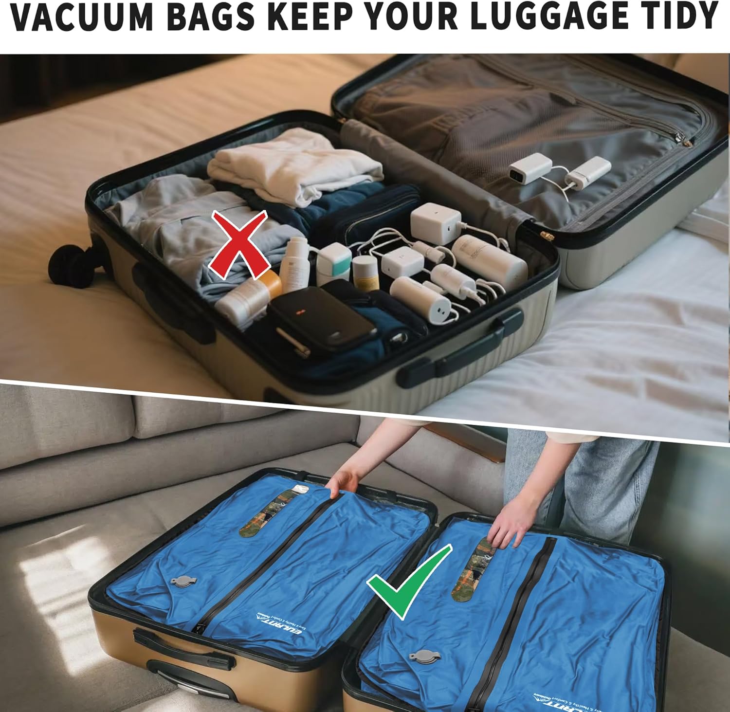 Reusable Vacuum Bags for Travel With Pump,Professional Waterproof IPX8 Vacuum Compression Bag for Suitcases Backpack,Space Saver Bags Packing Organizers for Clothing Packing(2PACK+PUMP) - Image 4