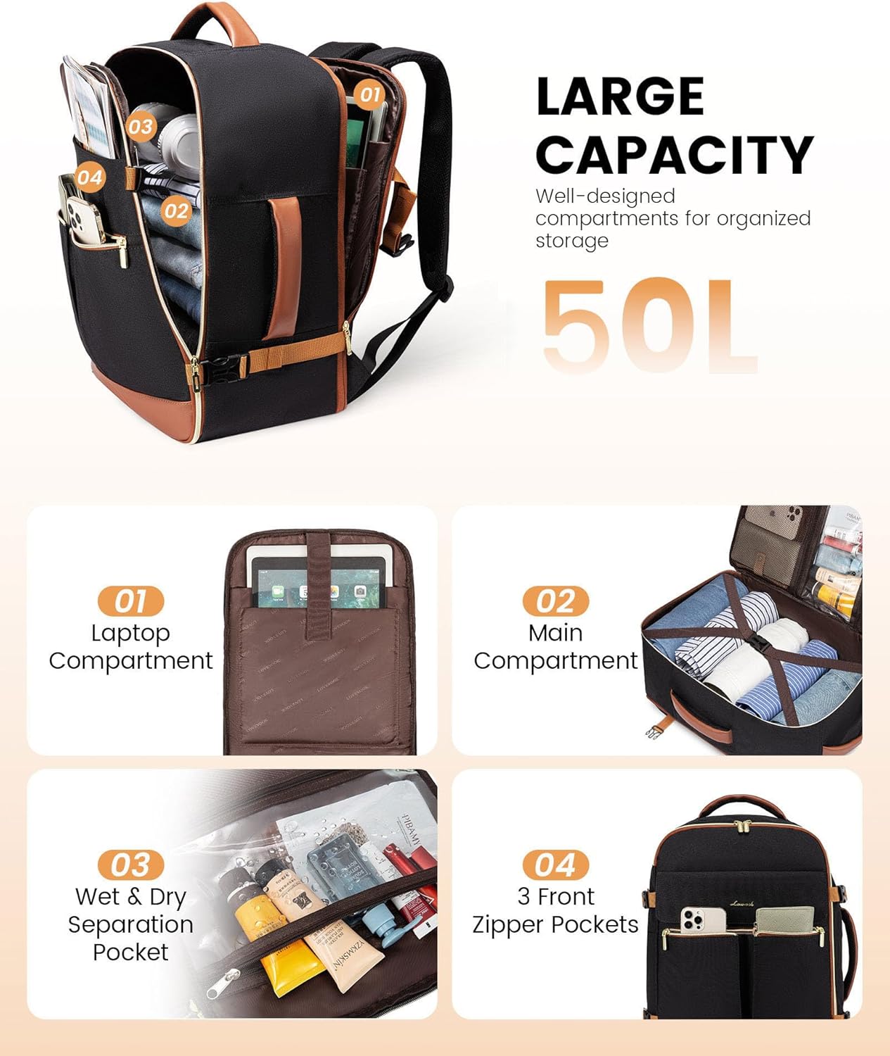 LOVEVOOK Carry On Backpack, 50L Travel Backpack Women with 3 Packing Cubes, TSA Airline Approved Suitcase Bag as Personal Item, Waterproof 18 inch Laptop Backpack for Weekender Overnight,Black-Brown - Image 3