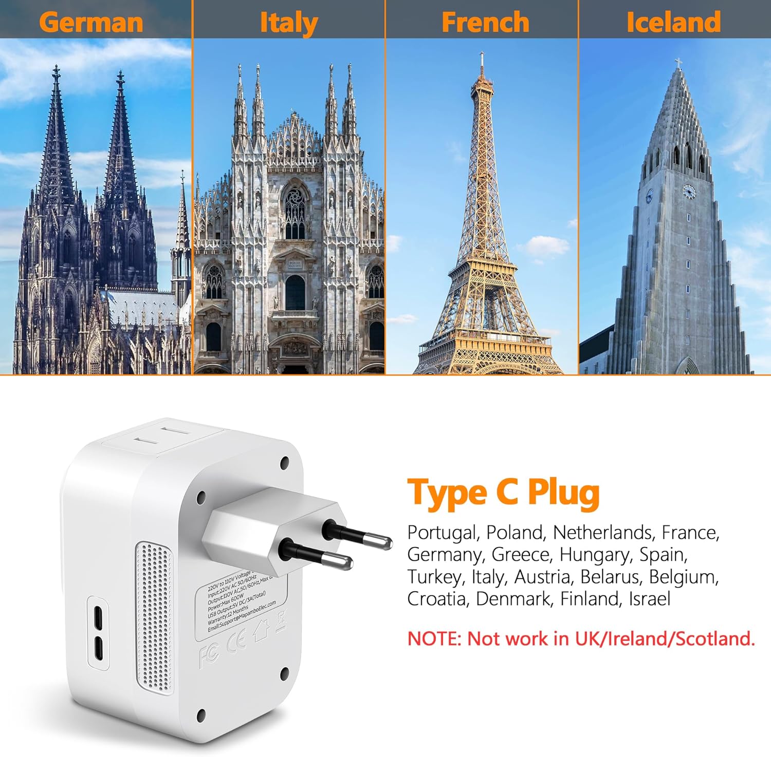Mapambo Voltage Converter US to Europe Travel: International Universal Travel Adapter with Fast Charging 2 USB-A 2 USB-C - Image 4