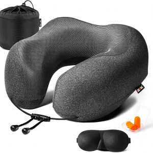MLVOC Travel Pillow 100% Pure Memory Foam Neck Pillow, Comfortable & Breathable Cover, Machine Washable, Airplane Travel Kit with 3D Contoured Eye Masks, Earplugs, and Luxury Bag, Standard (Black)