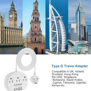 UK Adapters for Travel(13A), US to UK Plug Adapter with 3 Outlets 4 USB Ports (2 USB-C) Total Output 24W, Type G Travel Adapter for USA to British Ireland Scotland Hong Kong