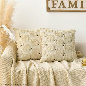 AVOIN colorlife Thanksgiving Gobble Turkey Beige Throw Pillow Covers, 20 x 20 Inch Seasonal Autumn Thanksgiving Harvest Soft Plush Faux Fur Jacquard Cushion Case Decoration for Sofa Couch Set of 2