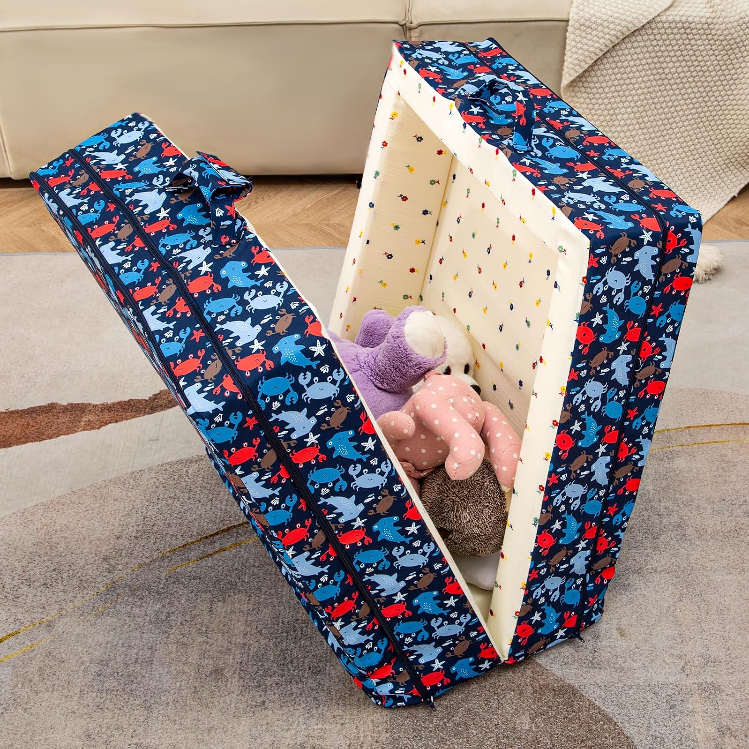 100% Cotton Lining Portable Foldable Toddler Travel Bed - Soft Foam Floor Bed with Washable Cover, Safe and Comfortable Toddler Crib, Ocean Blue - Image 5