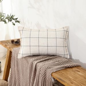 Quality Plaid White and Black Checked Pillow Bohemian Style, Back Hidden Zipper Design More Like an Envelope, Linen Pillowcase, Each Pack of 2 12X20 inch Hand-Pressed Process