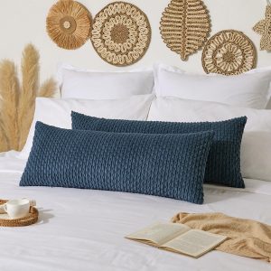Kevin Textile 14×36 Inch Long Lumbar 1 Pack Boho Decorative Throw Pillow Cover Soft Striped Corduroy Rectangle Cushion Case Farmhouse Solid Color Accent for Living Room Couch Sofa Bed, Blue