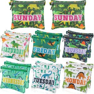 Paterr 14 Pcs Packing Cubes for Travel Kids Day of Week Compression Packing Bags Colorful Luggage Suitcase Organizers Bag for Travel (Dinosaur)