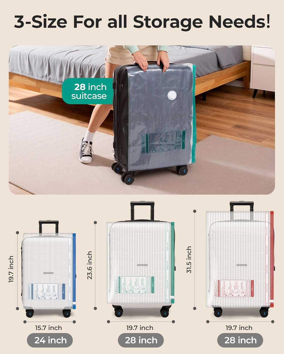 BAGSMART Vacuum Storage Bags for Travel with Rechargeable Air Pump, 15 Pack Portable Space Saver Bags for Travel & Home, Vacuum Compression Seal Bag for Clothing, Blanket, Duvets - Image 3