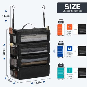 ToMiss Hanging Suitcase Organizer, Travel Essentials Carry-on Collapsible Packing Cubes for Travel, Stow-N-Go Portable Hanging Closet Organizer Shelves Luggage Bag, Medium, Black