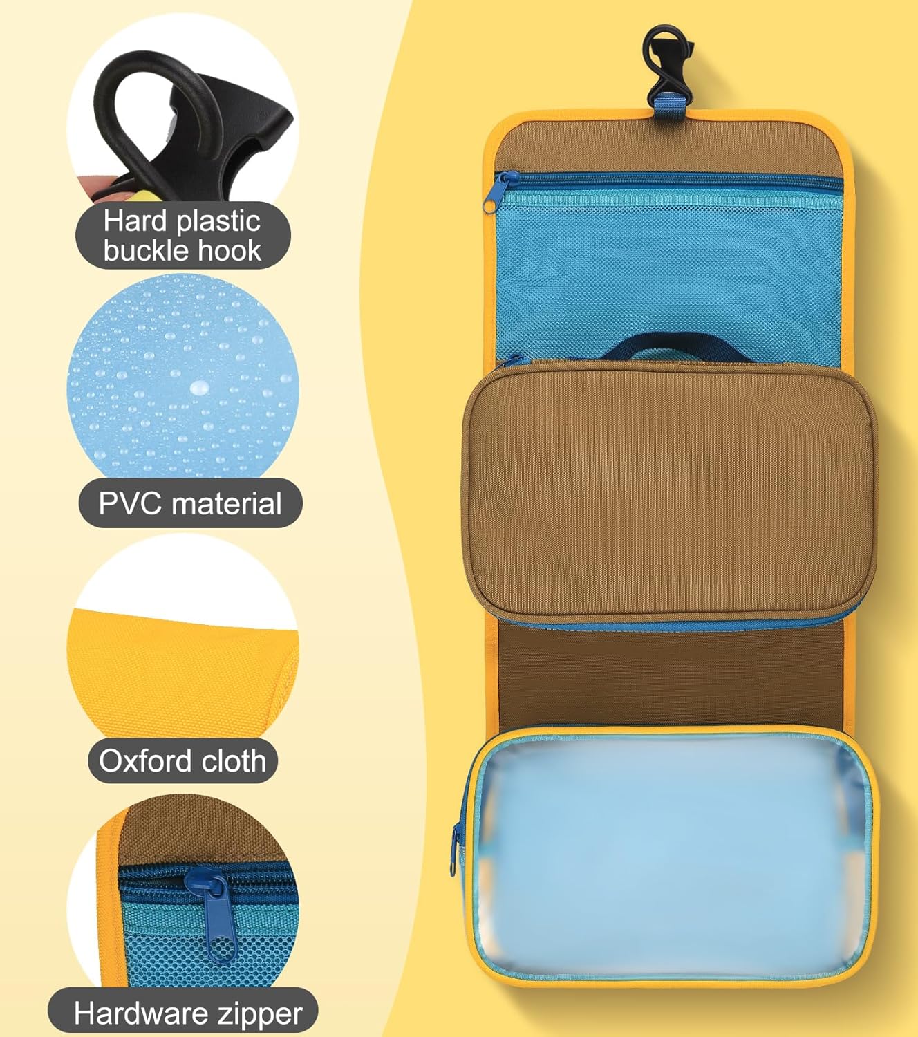 2025 New ! Large-Capacity Foldable travel toiletry bag - Multi-Functional Detachable hanging toiletry bag, Portable Compact hanging travel toiletry bag (Dune Yellow) - Image 5