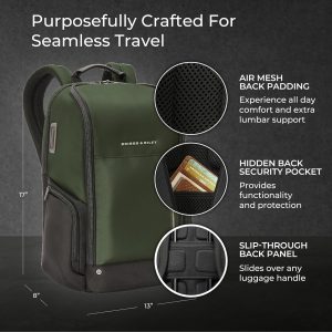 Briggs & Riley Medium Widemouth Backpack – Carry On Travel Backpack for Women & Men, Personal Item Bag, Self-Repairing Zippers, Padded Straps, Fits up to 15.6″ Laptop – HTA Collection, Forest