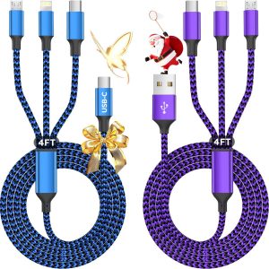 USB A + USB C Multi Charging Cable, 3 in 1 Chargers for Multiple Devices, Universal Charger with Multiple Connectors —Type C, IP, Micro USB Cable for iPhone17/16/15/14, iPad, Galaxy, Kindle(2Pack 4FT)