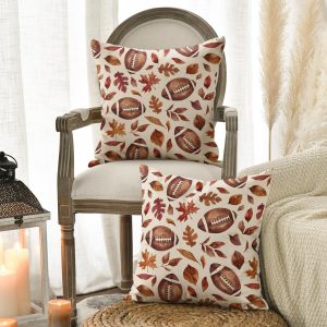 AVOIN colorlife Fall Football Maple Leaves Throw Pillow Covers 18×18 Inch, Seasonal Autumn Thanksgiving Harvest Cushion Case Decoration for Sofa Couch Set of 2