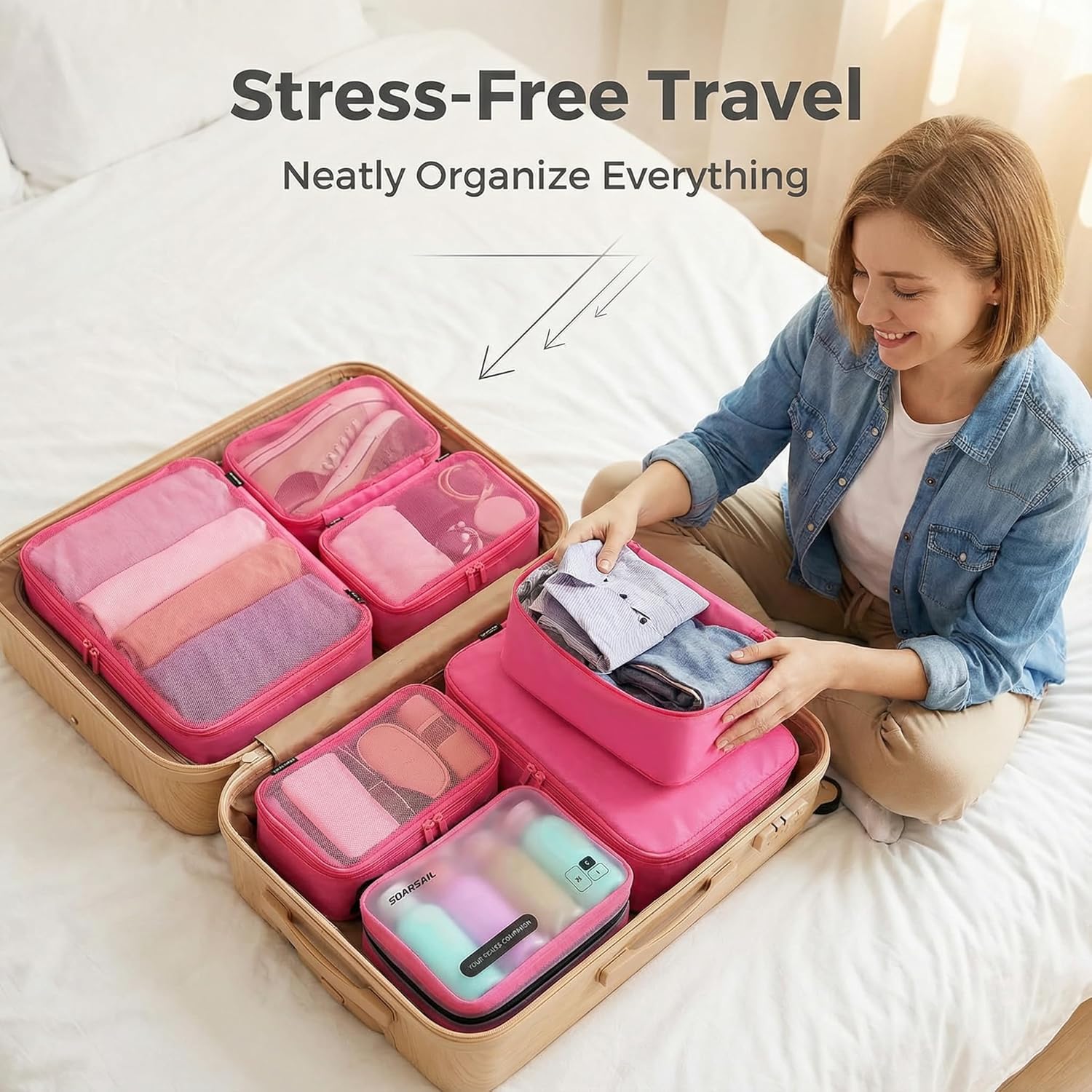 6 Set Compression Packing Cubes for Travel, Durable Nylon Oxford Luggage Organizers with IP6X Waterproof Toiletry Bag, 6-Piece Expandable Suitcase Bags (Rose Red) - Image 5