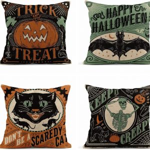 rouihot Set of 4 Linen Throw Pillow Covers 18×18 Inch Vintage Halloween Scaredy Cats Pumpkins Skeletons Home Decor Pillowcase Square Cushion Covers for Sofa Bed Couch