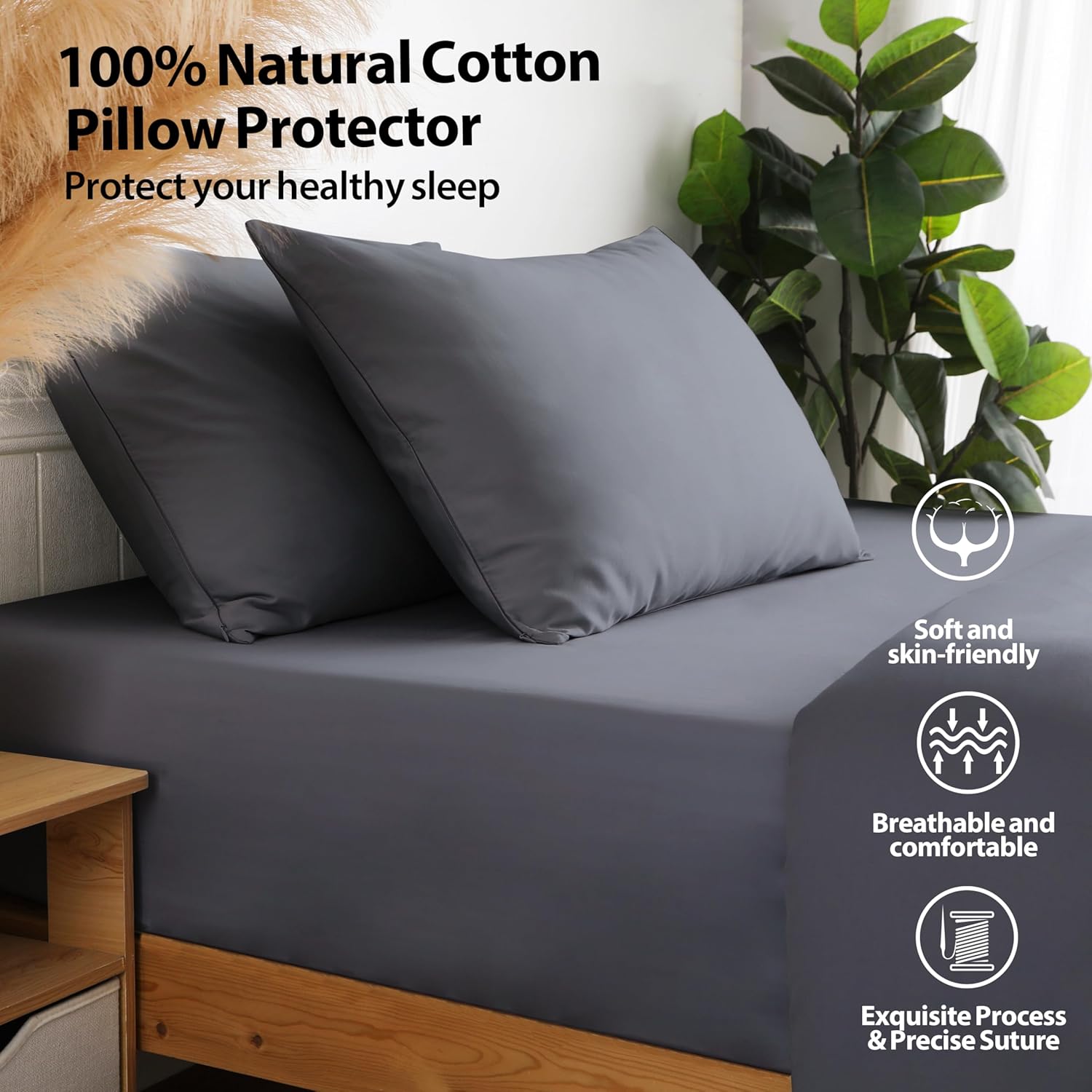 100% Cotton Classic Pillow Protectors with Invisible Zipper, 600 Thread Count Sateen Weave Soft and Breathable Pillow Cases, Protect Pillows from Dirt, Dust and Debris (King, 20"x36", Set of 2) - Image 4