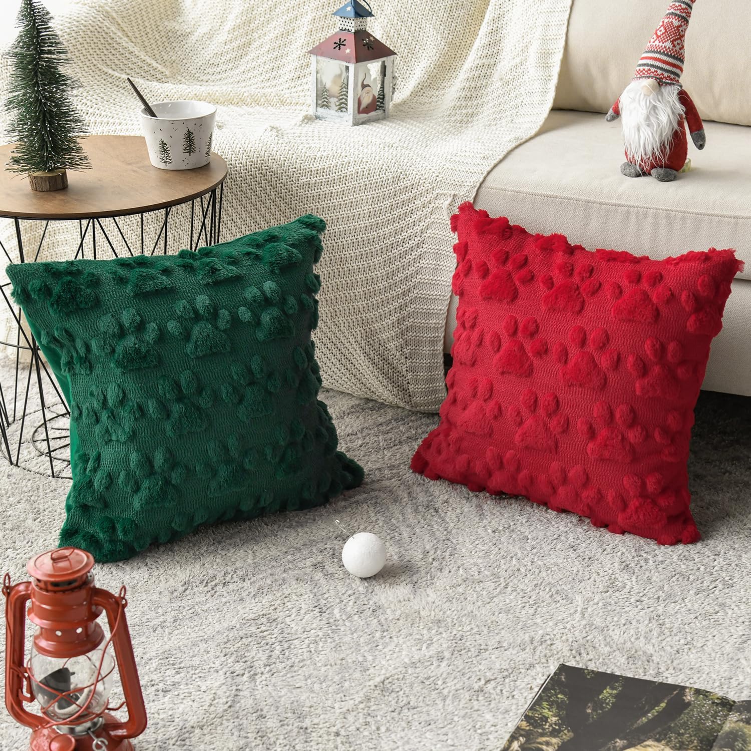 AVOIN colorlife Christmas Pet Dog Paws Throw Pillow Covers, 18 x 18 Inch Red Green Xmas Soft Plush Faux Fur Jacquard Cushion Case Farmhouse Decoration for Sofa Couch Set of 2 - Image 3