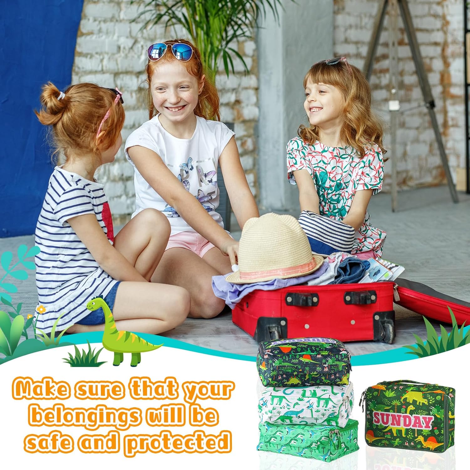 Paterr 7 Pcs Packing Cubes for Travel Kids Days of Week Compression Packing Cubes Colorful Luggage Organizers Suitcase Camp(Dinosaur) - Image 5