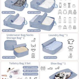 Compression Packing Cubes – 11 Set Suitcase Organizers, Expandable Luggage Bags with Blue Travel Essentials