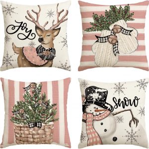 AVOIN colorlife Pink Christmas Snowman Reindeer Gloves Eucalyptus Throw Pillow Covers, 20 x 20 Inch Winter Holiday Stripes Cushion Case Decoration for Sofa Couch Set of 4