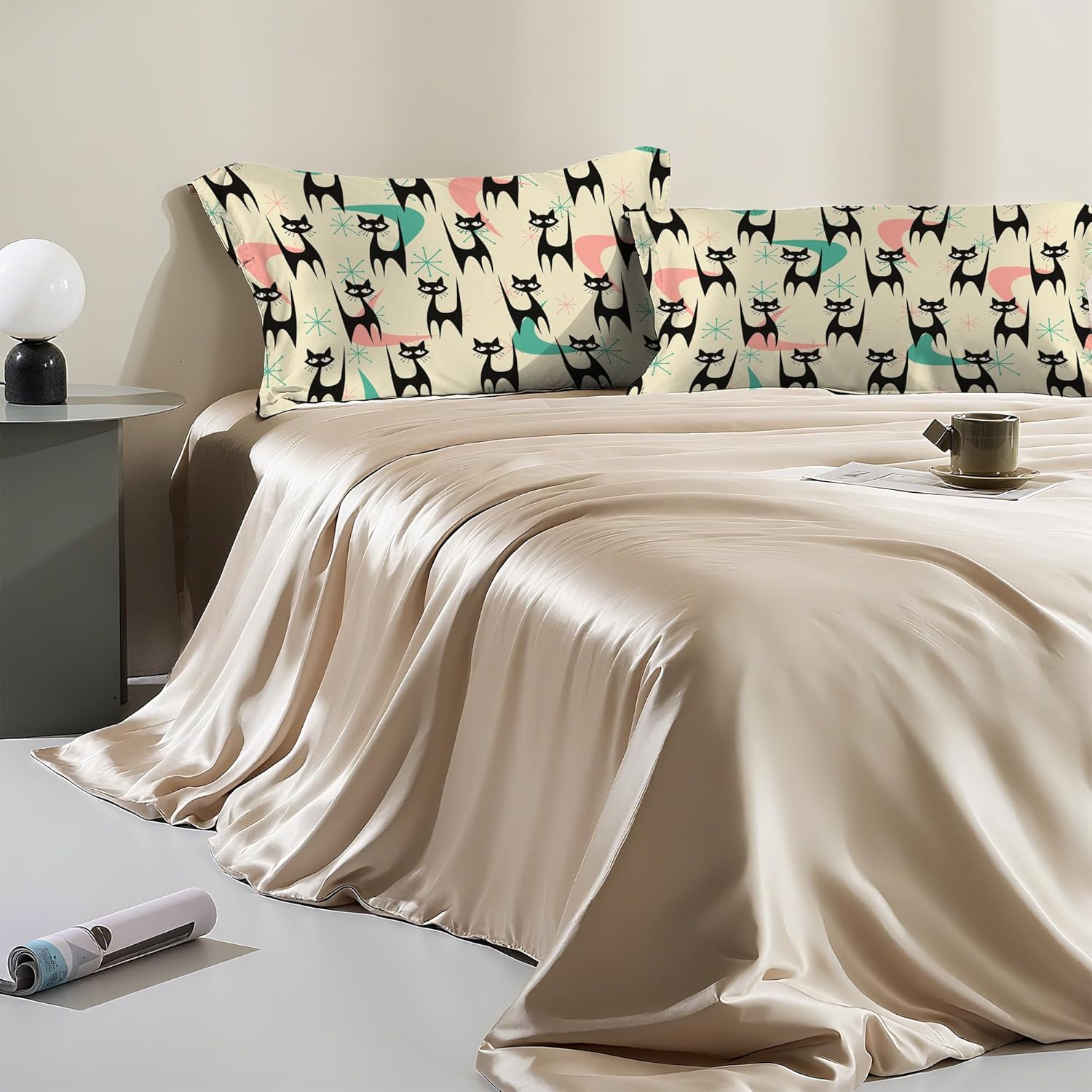 1 Pack Satin Pillowcase for Hair and Skin Mid Century Colorful Modern Cat Imitation Silk Pillowcase 20" x 30" with Hidden Zipper Soft Smooth Cooling Pillow Cover Queen Size for Bedroom Sofa - Image 6