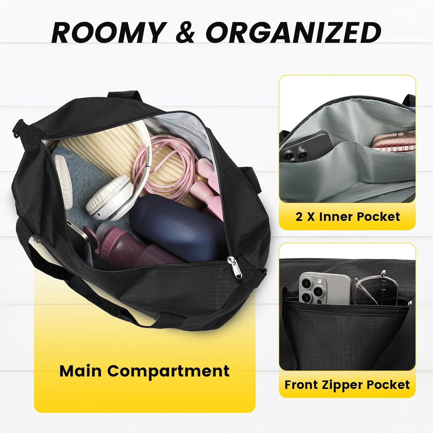 Vorspack Small Gym Bag - 18 Inches Duffle Bag for Travel Lightweight Duffel Bag for Men Women Personal Item Bag Weekender Bag for Travel Sports Gym - Black - Image 3