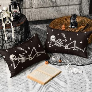 AVOIN colorlife Halloween Cool Skull Throw Pillow Covers, 12 x 20 Inch Skeleton Holiday Farmhouse Cushion Case Decoration for Sofa Couch Set of 2