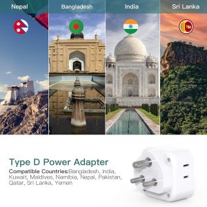2 Pack US to India Plug Adapter, Type D Travel Adapter with 3 Outlets 3 USB Charger (2 USB C Ports), India Power Adapter Converter for USA to India, Bangladesh, Maldives, Pakistan, Nepal, Sudan