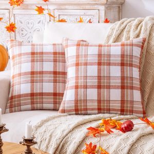 Fall Plaid Orange White Throw Pillow Covers 18×18 Inch, Set of 2 Autumn Decorative Throw Pillows for Couch Sofa Bed Living Room Home Decor, Accent Pillow Cases for Farmhouse Couch Cushion Covers