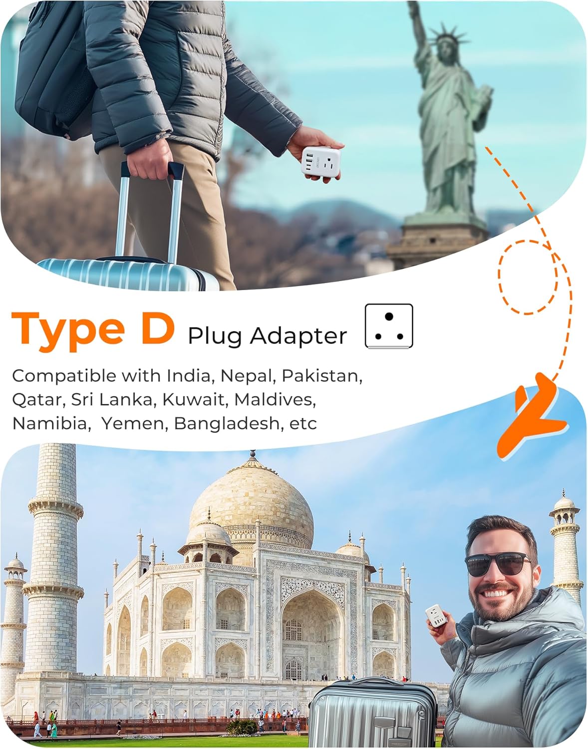 LENCENT Foldable India Travel Plug Adapter, US to India Power Plug Adapter with 4 Outlets, 4 USB Charger(2 USB C), Type D Adaptor for USA to India Bangladesh Maldives Nepal Pakistan, Safe Grounded - Image 2