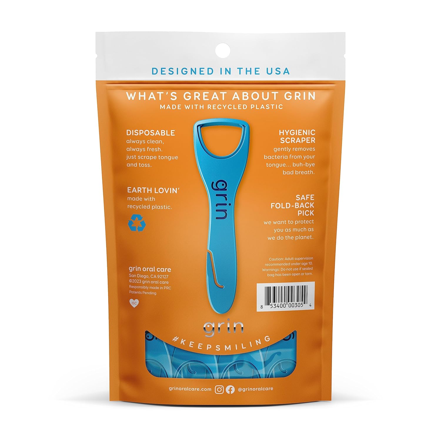 GRIN Tongue Cleaner, 32 Count, Disposable Tongue Cleaner, Hygienic Scraper, Recycled Plastic, Clean Tongue, Promote Fresh Breath, Includes Safe Fold- Back Tooth Pick - Image 2