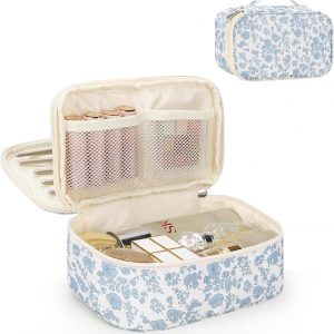 Relavel Travel Makeup Bag, Small Floral Cosmetic Bag with Makeup Brush Compartment, Portable Makeup Pouch for Women, Double Layer Makeup Organizer Bag Cute Toiletry Bag