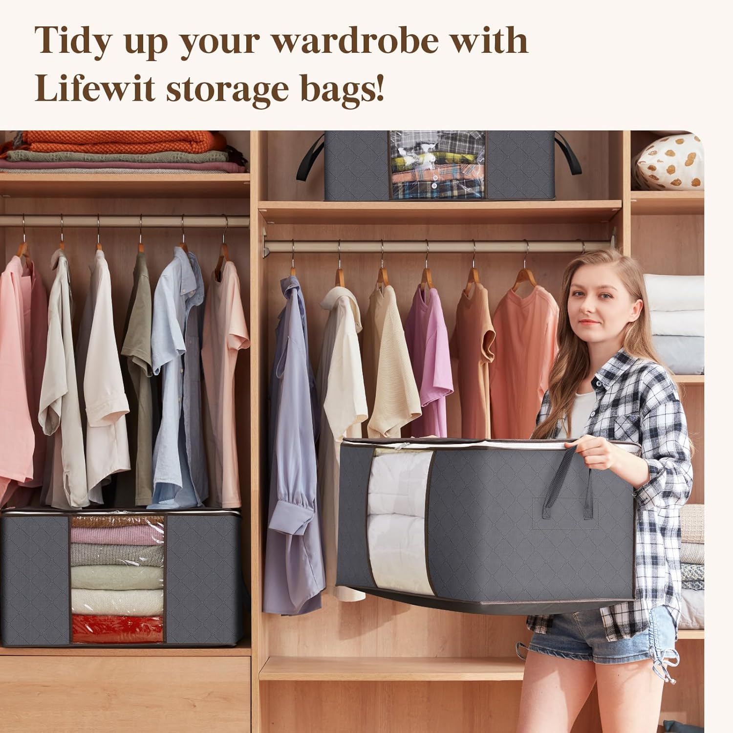 Lifewit 6 Pack Clothes Storage Bins with Lids, Foldable Blanket Storage Bags with Zippers, Clear Window and Reinforced Handles, Closet and Organization for Clothing, Sweater, Comforter, Bedding, Gray - Image 9