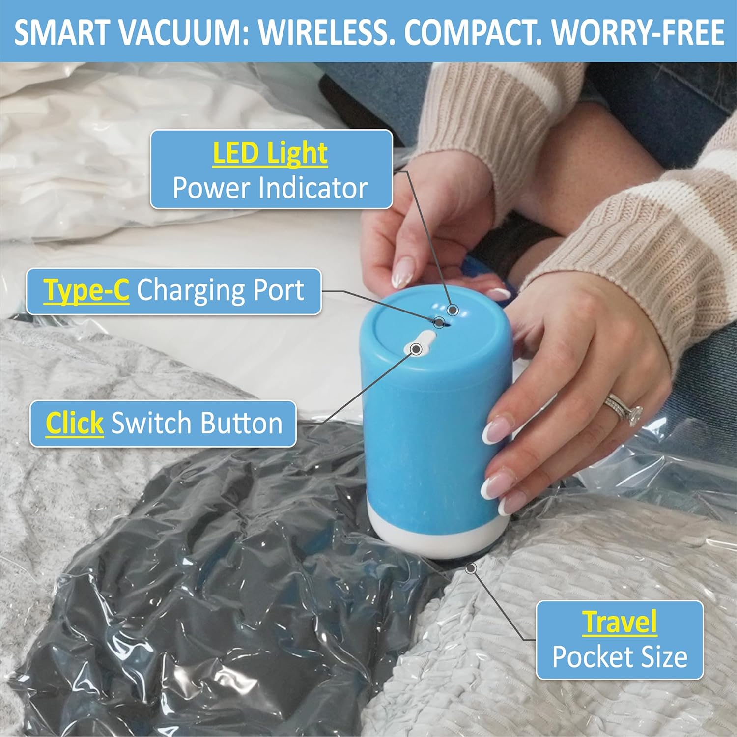 12 Pack Travel Vacuum Storage Bags with Rechargeable Wireless Electric Pump for Luggage, Suitcase, Carry-on Size Vacuum Seal Compression Space Saver Bags for Clothes and Clothing Travel - Image 5