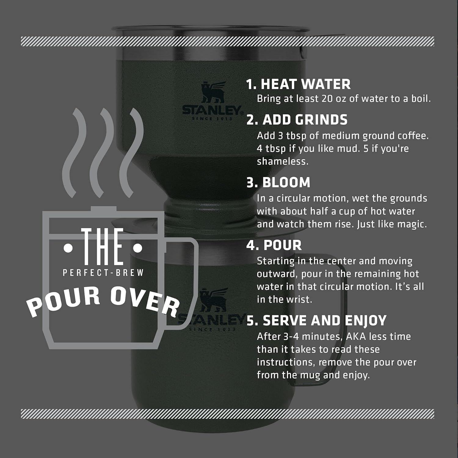 STANLEY Perfect Brew Pour Over Set | 12 oz Camp Mug with Lid Included | Drip Coffee Maker with Reusable Filter | Insulated Stainless Steel | BPA-Free | Hammertone Green - Image 8