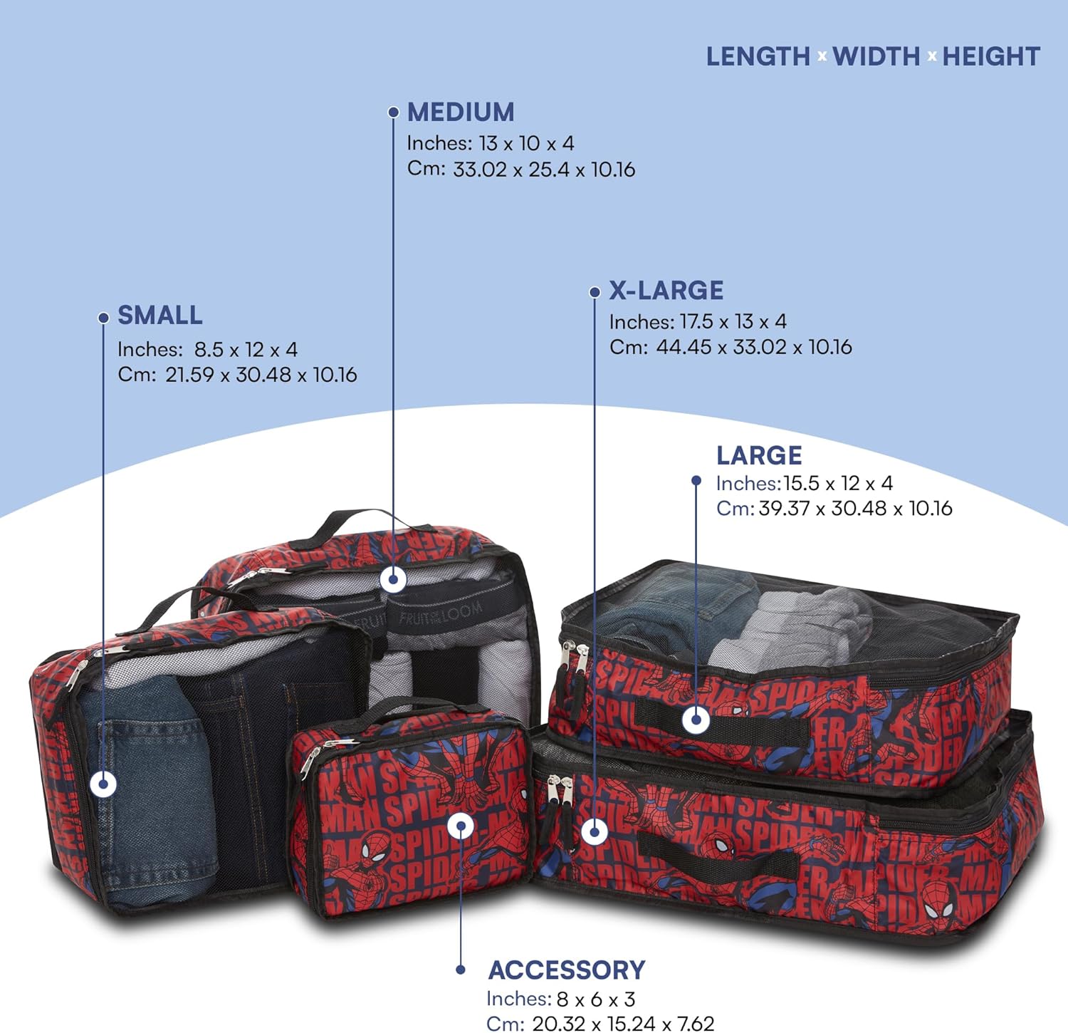 Marvel Spiderman 5-Piece Packing Cube Set - Spiderman, Ironman, Captain America - 5 Piece Packing Cubes Compression Travel Essential Accessories - Luggage Suitcase Organizer Set - For Kids, Adults - Image 2
