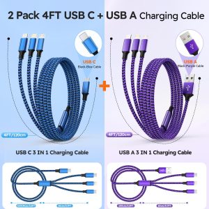 USB A + USB C Multi Charging Cable, 3 in 1 Chargers for Multiple Devices, Universal Charger with Multiple Connectors —Type C, IP, Micro USB Cable for iPhone17/16/15/14, iPad, Galaxy, Kindle(2Pack 4FT)