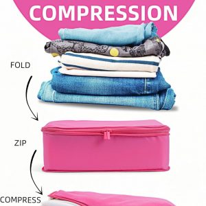 6 Set Compression Packing Cubes for Travel, Durable Nylon Oxford Luggage Organizers with IP6X Waterproof Toiletry Bag, 6-Piece Expandable Suitcase Bags (Rose Red)