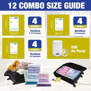 HIBAG Travel Vacuum Bags with Electric Pump for Luggage and Suitcase, Vacuum Seal Compression Packing Bags for Clothes Clothing, Combo 12 Pack