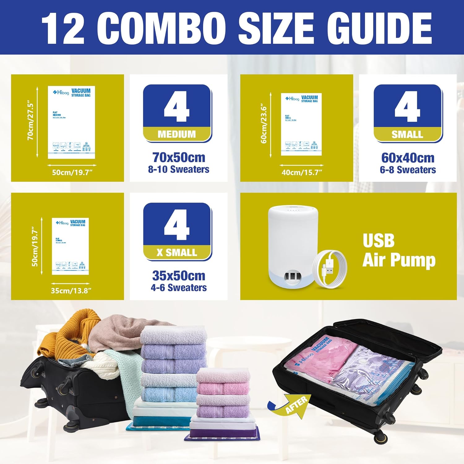 HIBAG Travel Vacuum Bags with Electric Pump for Luggage and Suitcase, Vacuum Seal Compression Packing Bags for Clothes Clothing, Combo 12 Pack - Image 2